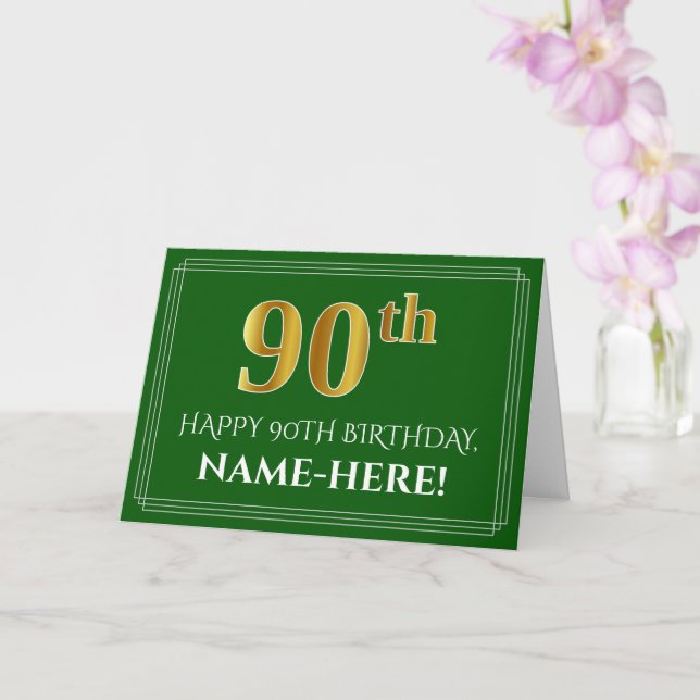 Elegant Faux Gold Look 90th Birthday, Name (Green) Card (Orchid)