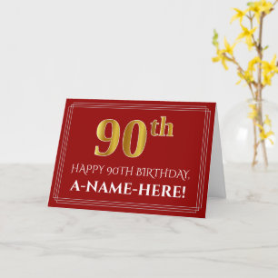 Elegant Faux Gold Look "90th" Birthday, Name (Red) Card