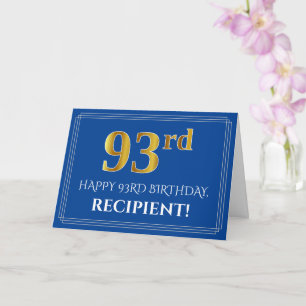 Elegant Faux Gold Look 93rd Birthday, Name (Blue) Card