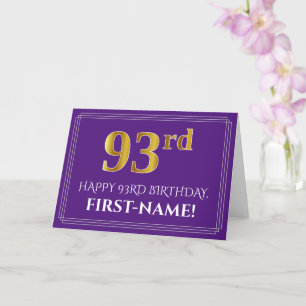 Elegant Faux Gold Look 93rd Birthday, Name; Purple Card