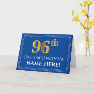 Elegant Faux Gold Look 96th Birthday, Name (Blue) Card
