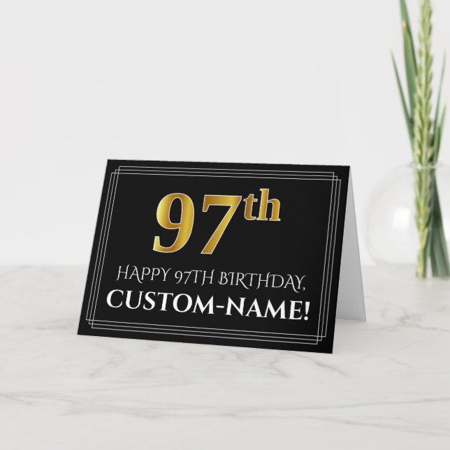 Elegant Faux Gold Look "97th" Birthday + Name Card (Front)