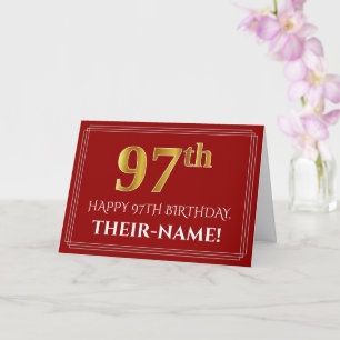 Elegant Faux Gold Look "97th" Birthday, Name (Red) Card