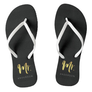 Elegant Faux Gold Name Mr Black Stripes Flip Flops