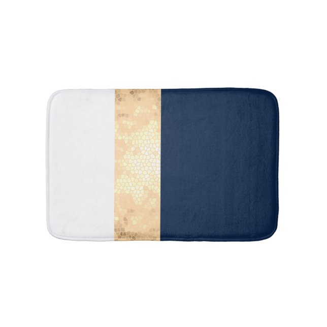 elegant faux gold, navy blue, white stripes bath mat (Front)