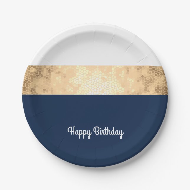 elegant faux gold, navy blue, white stripes paper plate (Front)