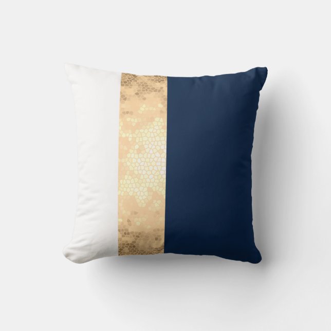 elegant faux gold, navy blue, white stripes throw pillow (Front)
