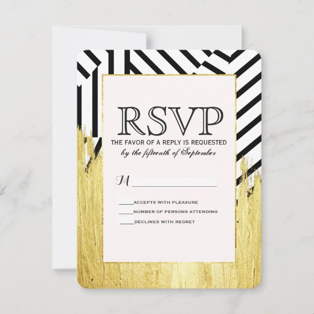 Elegant Faux Gold Paint Strokes & Stripes Pattern RSVP Card (Front)