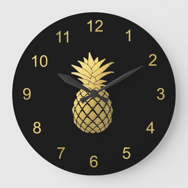 Elegant Faux Gold Pineapple on Black Large Clock (Front)