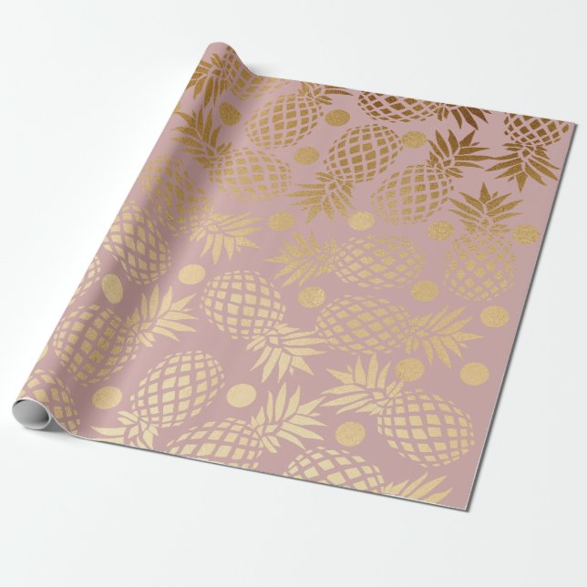 elegant faux gold pineapple pattern polka dots wrapping paper (Unrolled)