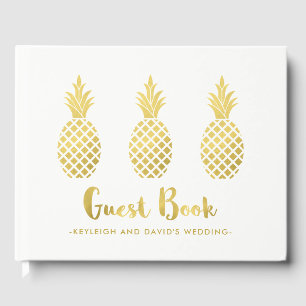 Elegant Faux Gold Pineapples on White Guest Book