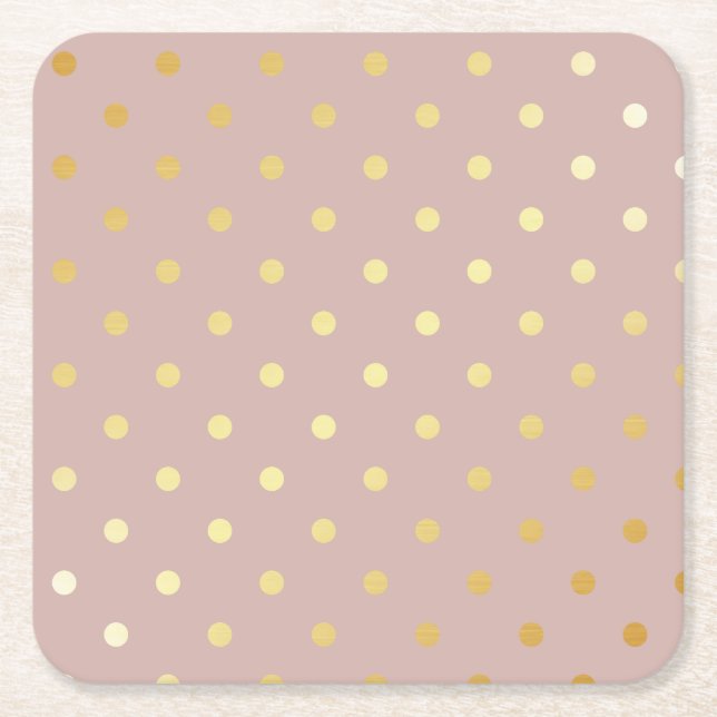elegant faux gold pink polka dots square paper coaster (Front)