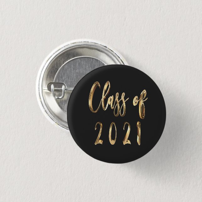 Elegant Faux Gold Script Class of 2021 Black 1 Inch Round Button (Front & Back)