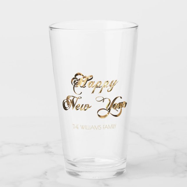 Elegant Faux Gold Script Happy New Year Glass (Front)