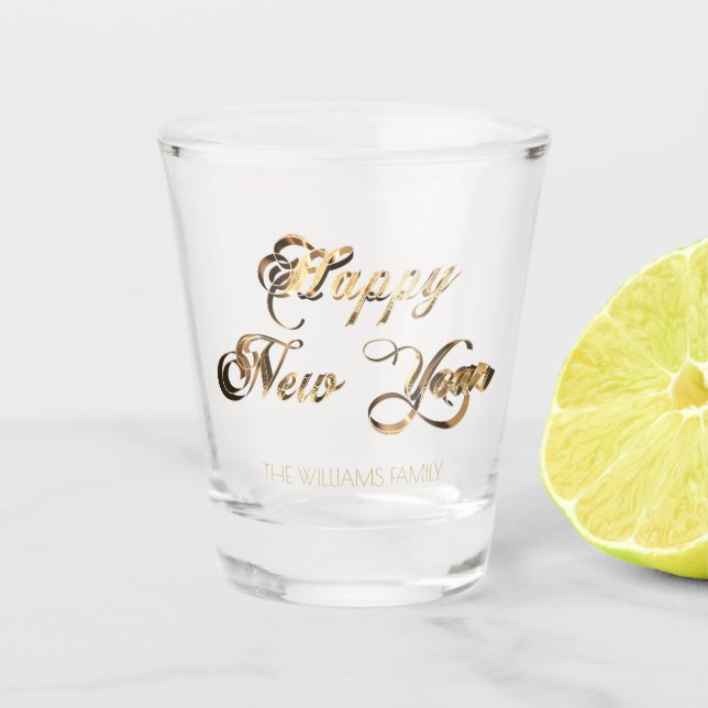 Elegant Faux Gold Script Happy New Year Shot Glass (Front)