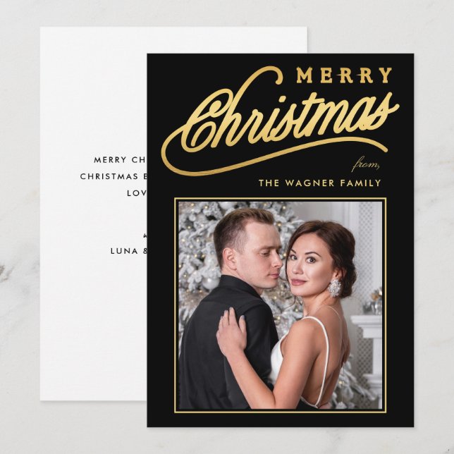 Elegant Faux Gold Script Merry Christmas Photo Holiday Card (Front/Back)
