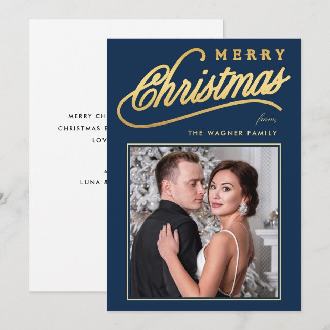 Elegant Faux Gold Script Merry Christmas Photo Holiday Card (Front/Back)