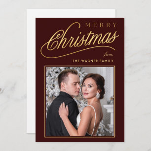 Elegant Faux Gold Script Merry Christmas Photo Holiday Card