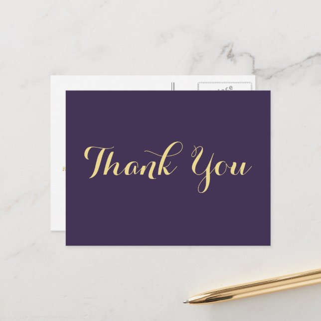 Elegant Faux Gold Script Purple Wedding Thank You Postcard (Front/Back In Situ)
