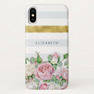 Elegant FAUX Gold Stripe With Pink Roses and Name Case-Mate iPhone Case