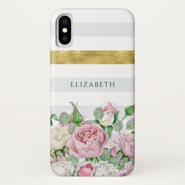 Elegant FAUX Gold Stripe With Pink Roses and Name Case-Mate iPhone Case (Back)