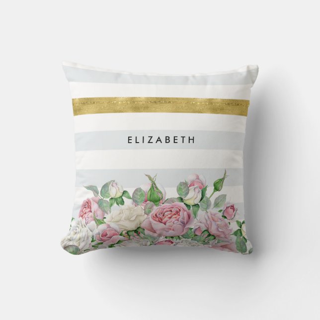 Elegant FAUX Gold Stripe With Pink Roses and Name Throw Pillow (Front)