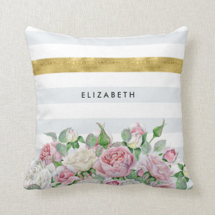 Elegant FAUX Gold Stripe With Pink Roses and Name Throw Pillow
