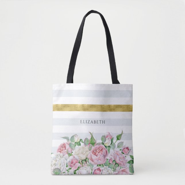 Elegant FAUX Gold Stripe With Pink Roses and Name Tote Bag (Front)