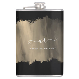 Elegant Faux Gold Stroke Monogrammed Black Hip Flask