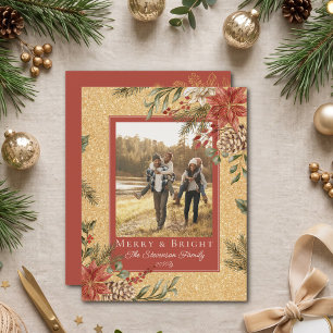 Elegant Faux Gold Terracotta Poinsettia Photo Holiday Card