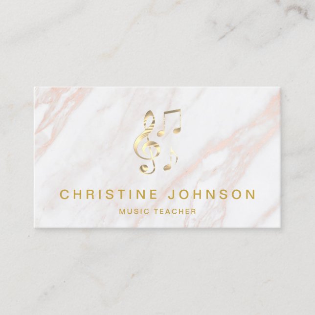 elegant faux gold treble clef on pink marble business card (Front)