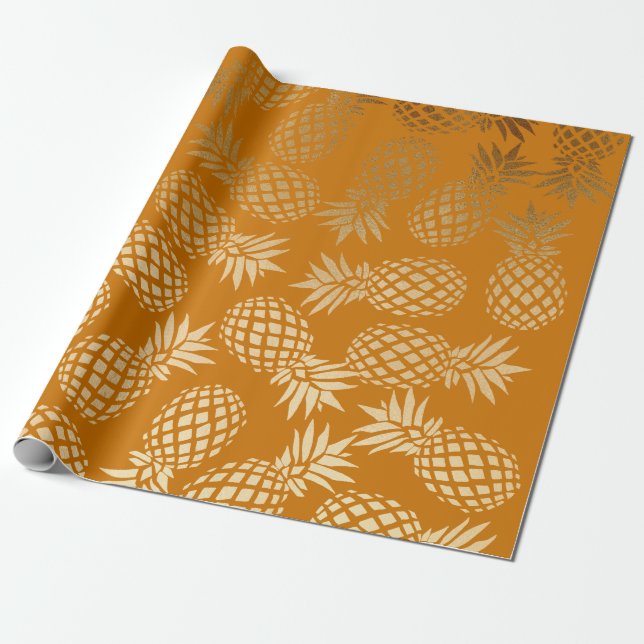 elegant faux gold tropical pineapple pattern wrapping paper (Unrolled)