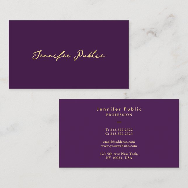 Elegant Faux Gold Typography Script Text Purple Business Card (Front/Back)