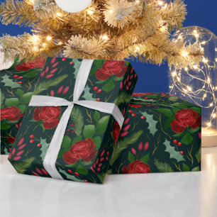 Elegant faux gold watercolor roses pine berries wr wrapping paper