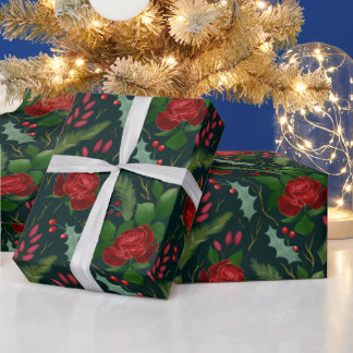 Elegant faux gold watercolor roses pine berries wr wrapping paper