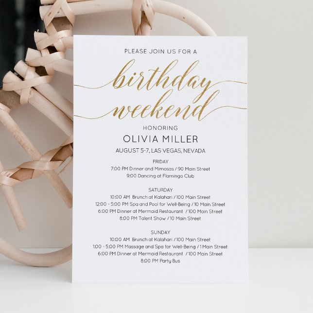 Elegant Faux Gold Weekend Birthday Itinerary Invitation (Creator Uploaded)