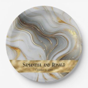 Elegant Faux Gold, White & Grey Marbled Wedding  Paper Plate