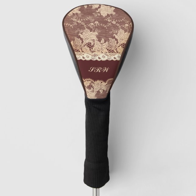Elegant Faux Golden Pink Lace on Brown with Name Golf Head Cover (Front)