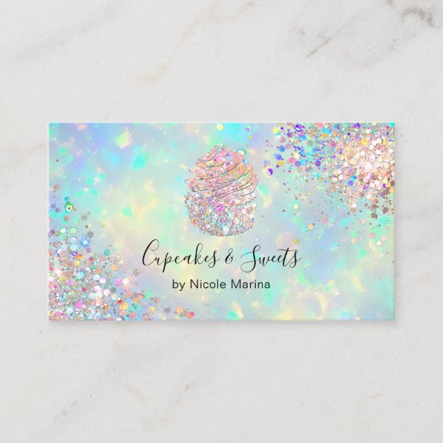Elegant Faux Holographic Opal Cupcake Bakery Chef Business Card (Front)