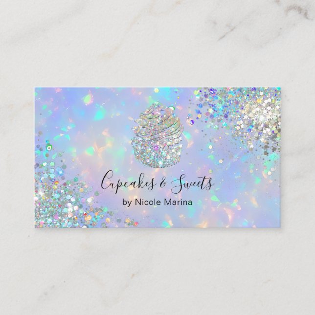 Elegant Faux Holographic Rainbow Glitter Cupcake Business Card (Front)