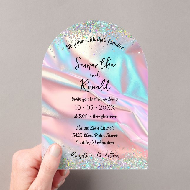 Elegant Faux Iridescent Foil and Glitter Wedding Acrylic Invitations (Insitu (Handheld))