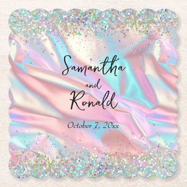 Elegant Faux Iridescent Foil and Glitter Wedding Paper Coaster (Front)