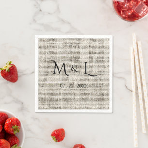 Elegant Faux Linen Black Monogram Date Wedding  Napkin