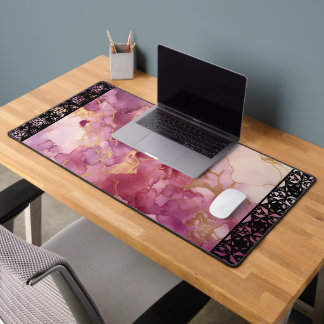 Elegant Faux Marble Black Ornate Trim Desk Mat