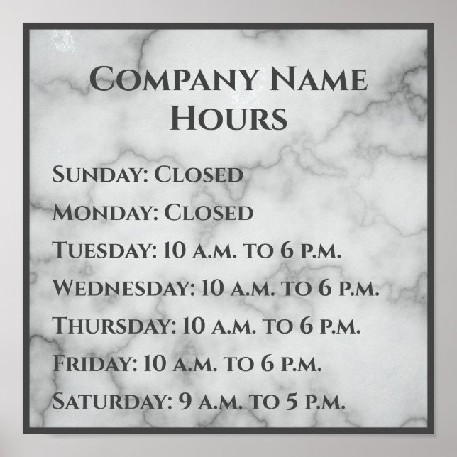 Elegant Faux Marble Business Hours of Operation Poster (Front)