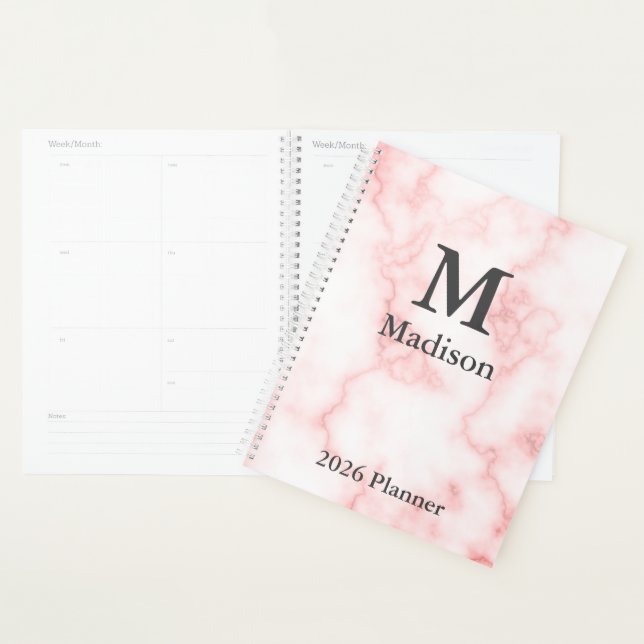 Élégant Faux Marbre rose Gris Monogramme Nom 2026 (Devant avec enveloppe)