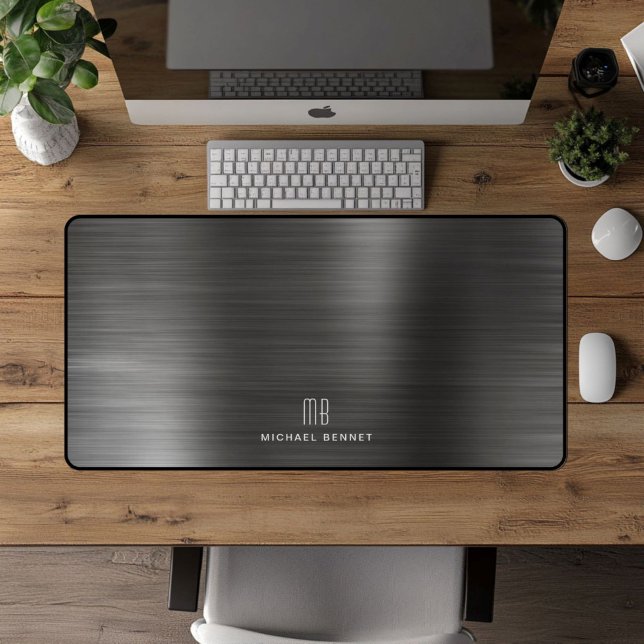 Élégant Faux Métal Noir Brossé Monogrammé (Elegant Monogrammed Faux Black Brushed Metallic Desk Mat)