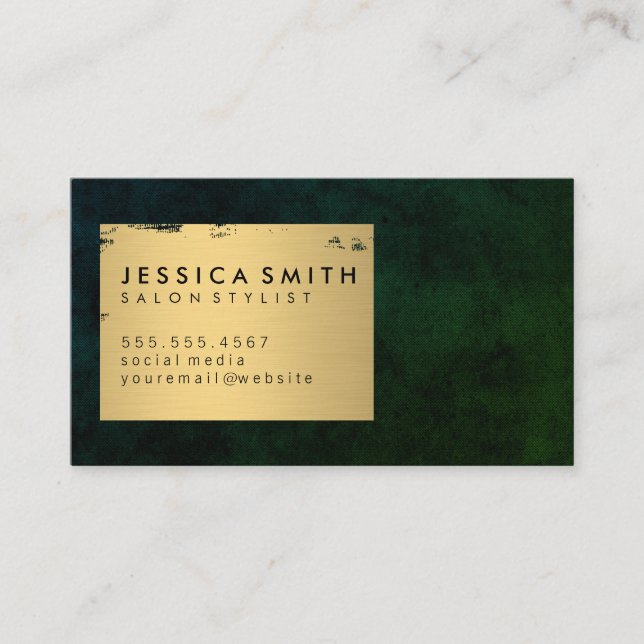 Elegant Faux Metallic Gold Brushed / Green Texture Business Card (Front)