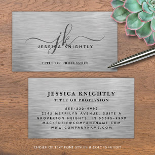 Elegant Faux Metallic Silver Script Monogram Business Card
