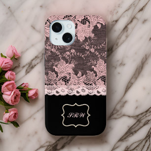 Elegant Faux Pink Lace and Black  iPhone 15 Case